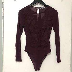 maroon sheer bodysuit with lace detailing